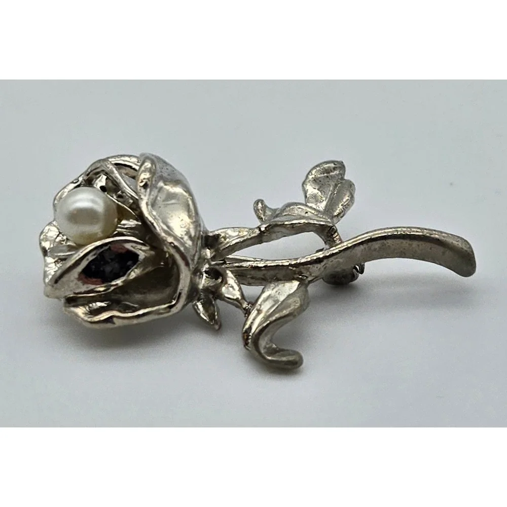 Rose Brooch Vintage Silver Tone Faux Pearl Floral Pin Estate Jewelry